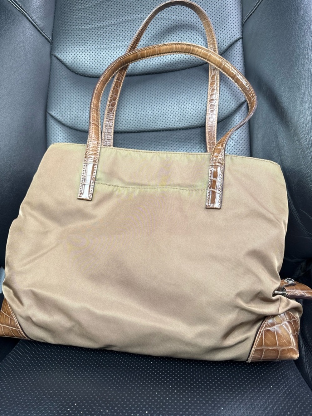 Prada Brown Nylon Shoulder Bag with Crocodile Leather Trim Silver hardware - Picture 2 of 7